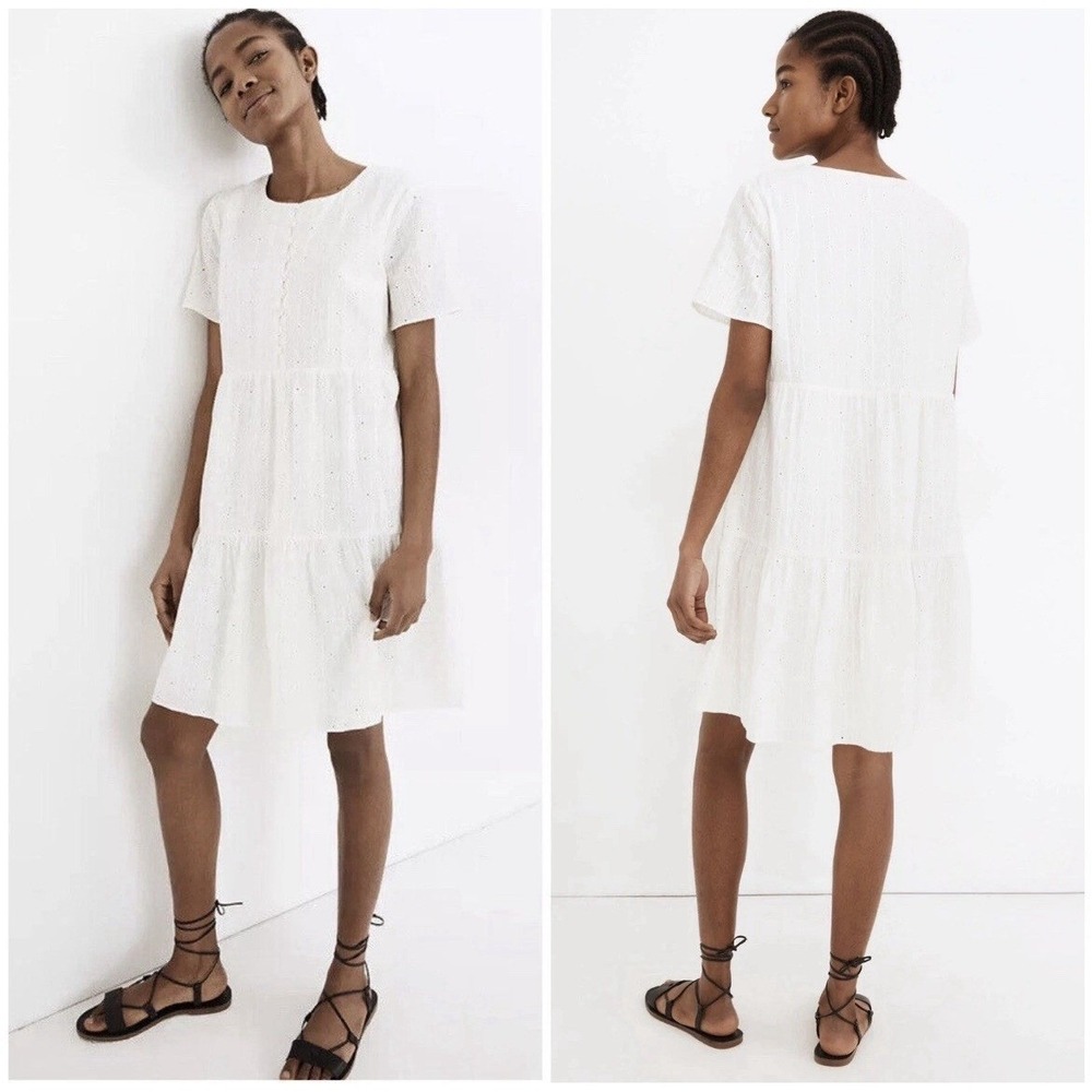 Madewell White Embroidered Eyelet Tiered Mini Dress Button Front Bodice Small‎